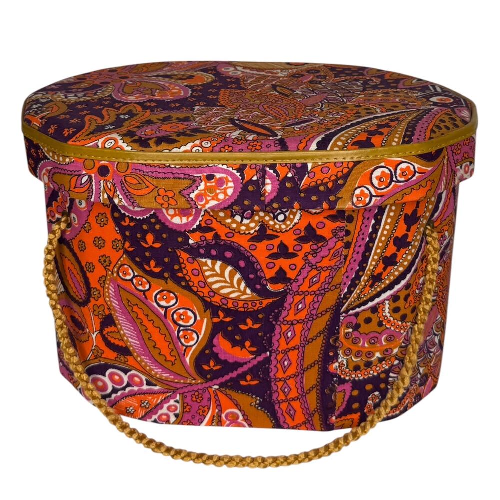 1960s Psychedelic Paisley Wig Case Hat Box Vanity Storage Mod Orange Pink